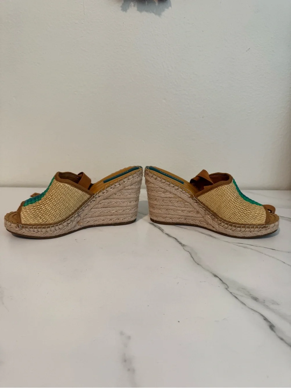 Woven Straw Lace-Up Wedge Sandals with Green Accent Women’s 8.5